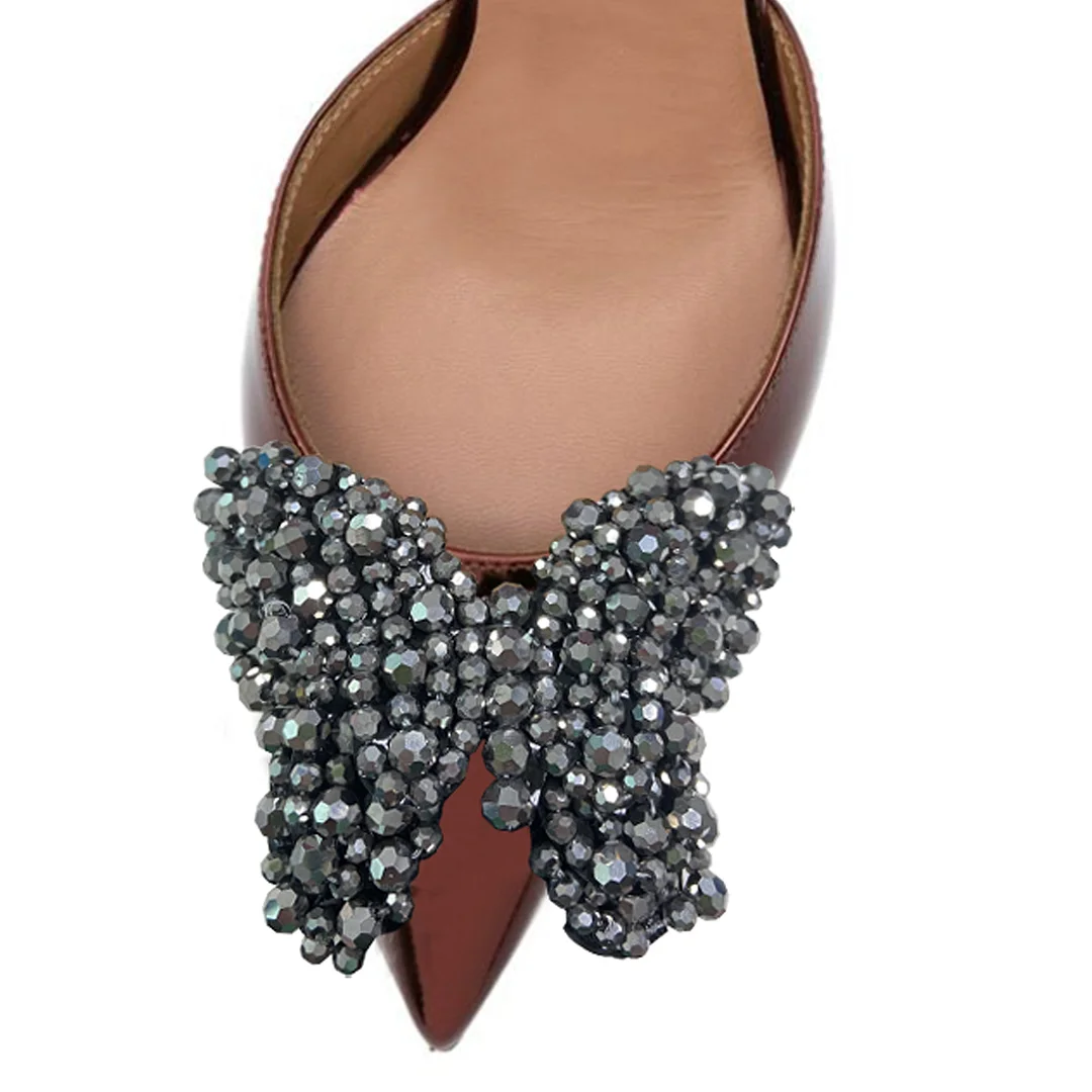 Brown Shiny Patent Leather Beads Embellished Butterfly Slingback Pumps