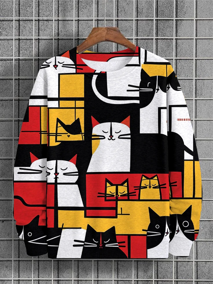 Men's Geo Color Block Stitching Cat Art Print Casual Sweatshirt