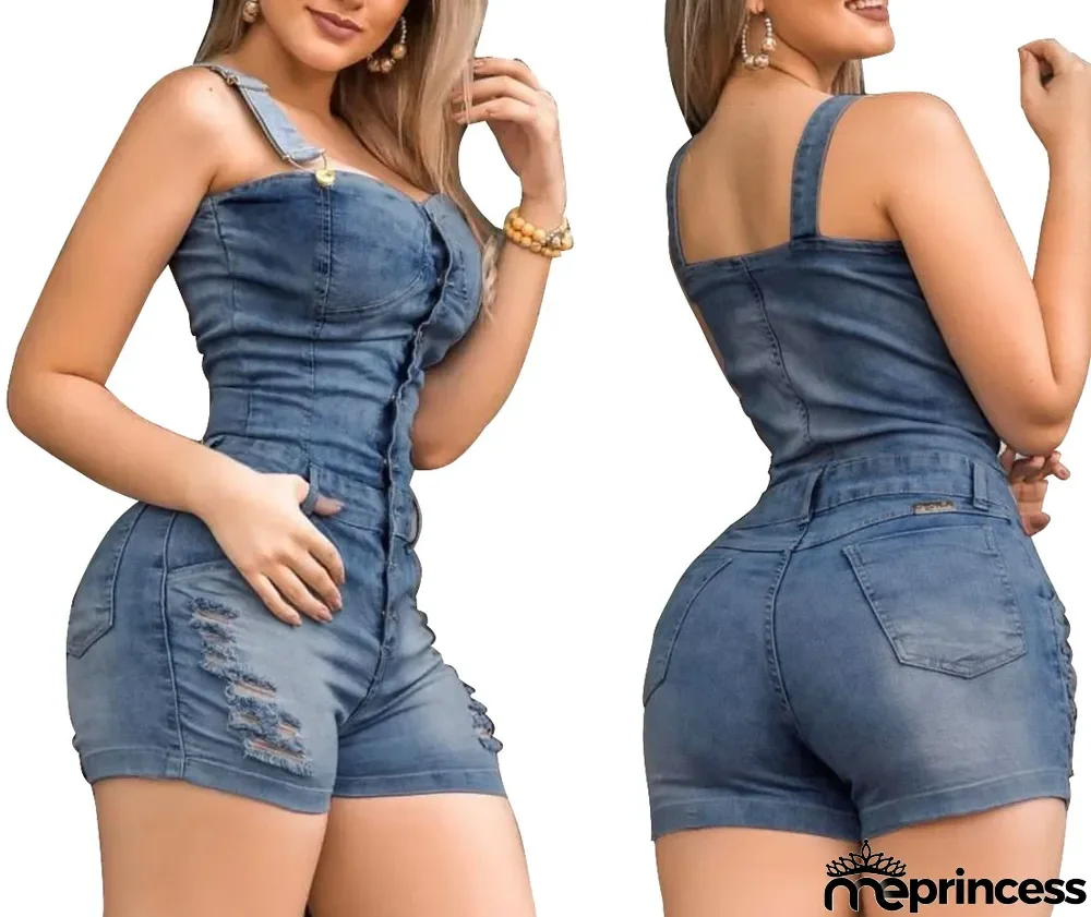 Wide Straps Tight Ripped Denim Rompers