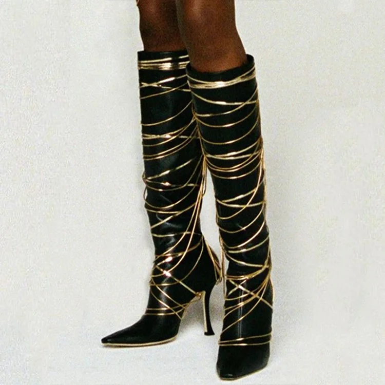 Black Pointed Toe Boots Women's Elegant Stiletto Heels Knee High Booties |FSJ Shoes