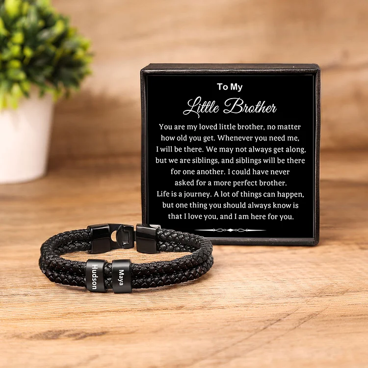 To My Little Brother Leather Bracelet with Beads Engraved 2 Names Two Layers Bracelet - You Are My Loved Little Brother, No Matter How Old You Get