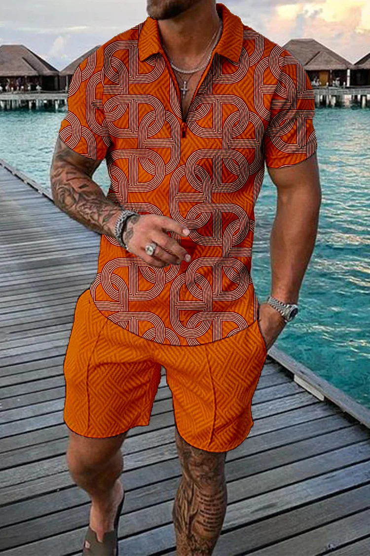 Strip Printing Short Sleeve Polo Suit
