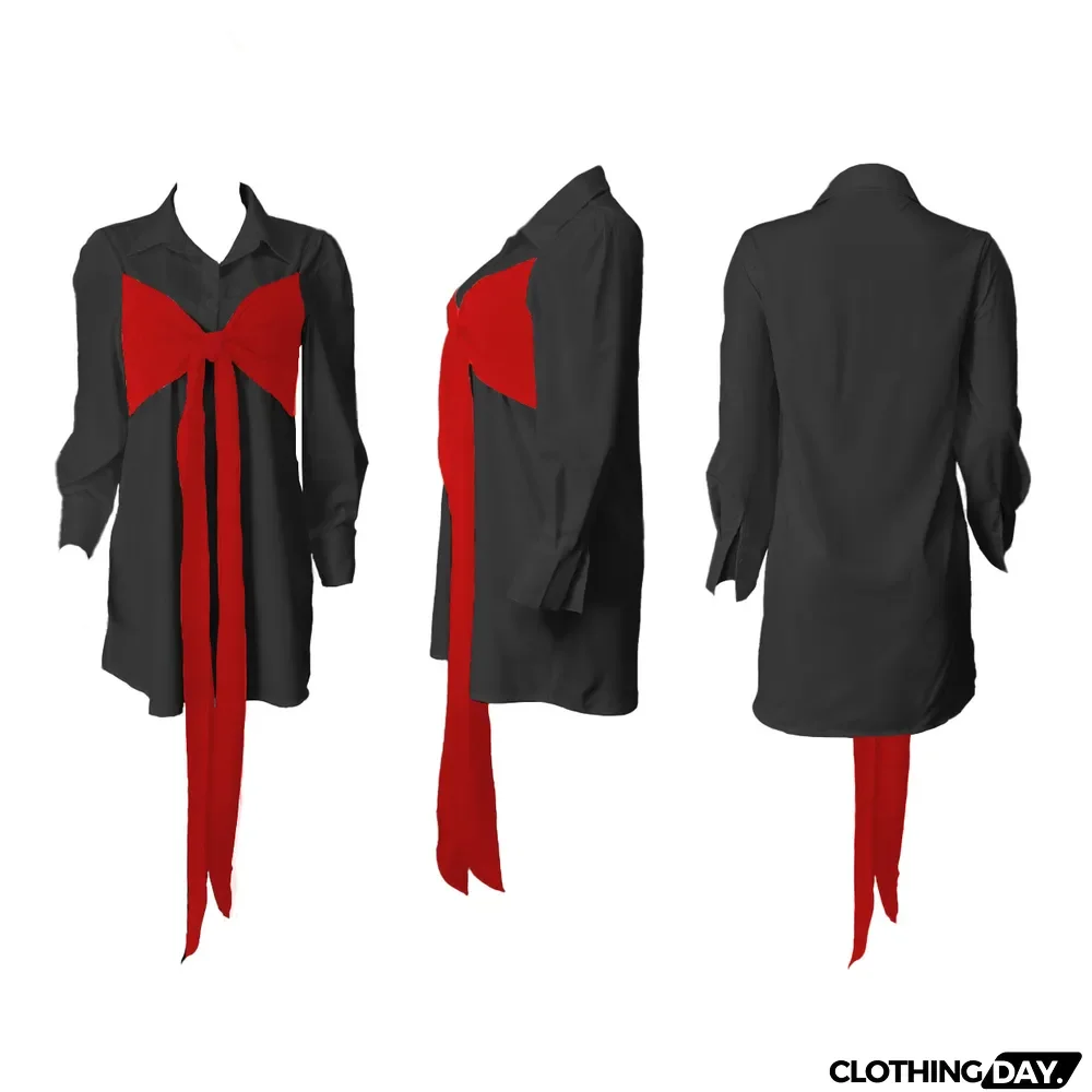 Contrast Colot Bow-Tie Long Sleeve Shirt Dress