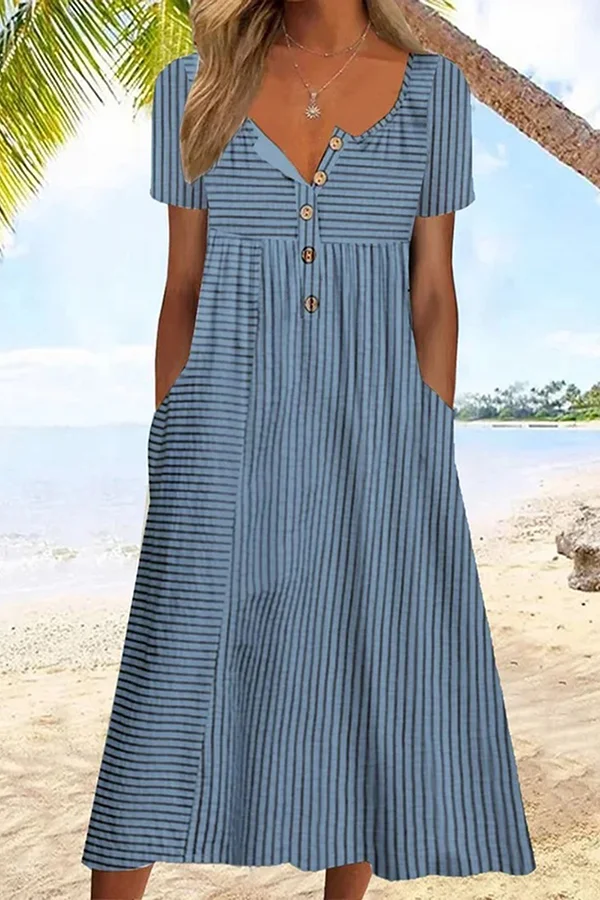 Buckle Striped Printed Vacation Loose Short Sleeve Midi Dress