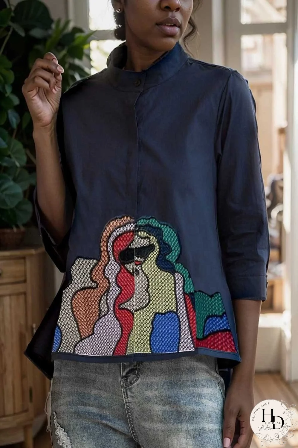 embroidered button mid sleeve casual blouse