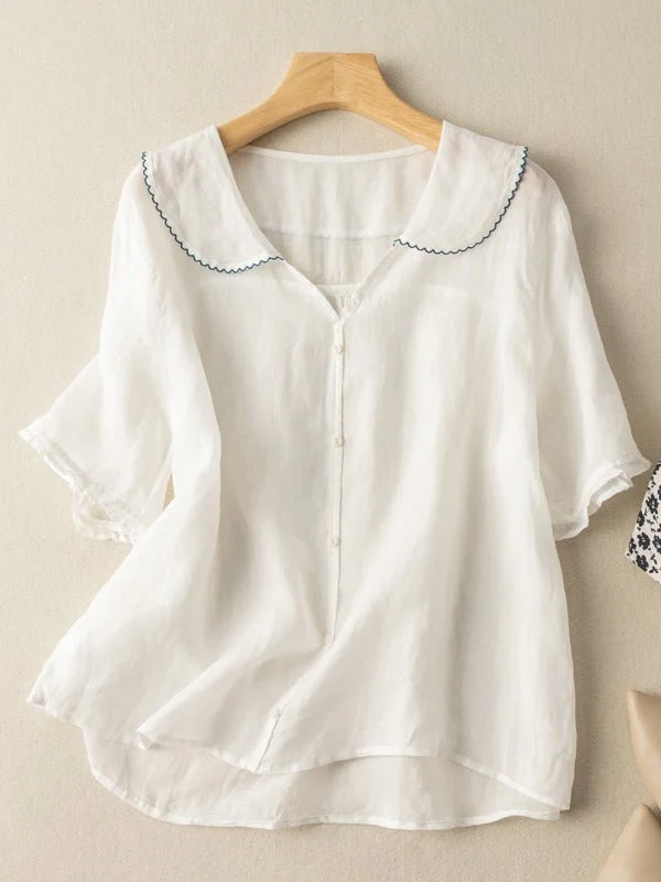 Little V Neck Short Sleeve Solid Colo Ramie Blouses