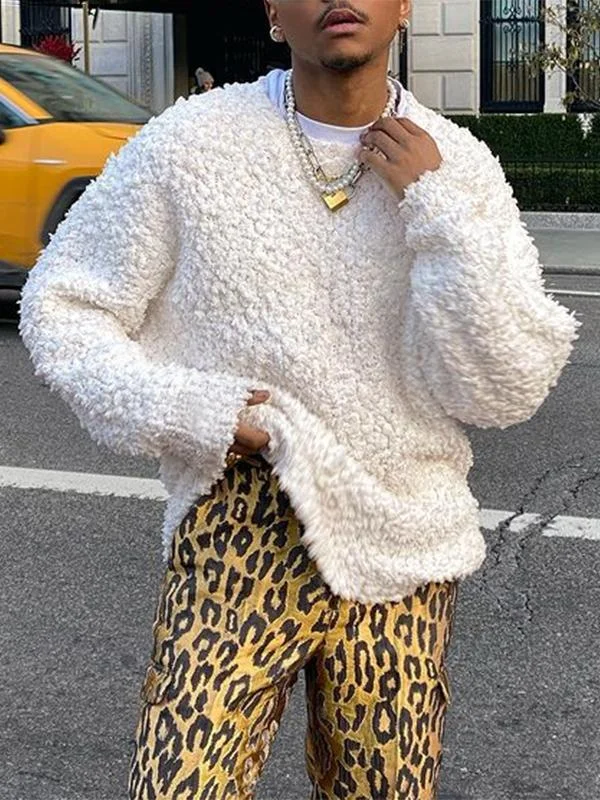 Aonga - Mesn Plush Round Neck Loose Pullover HoodiesI aonga