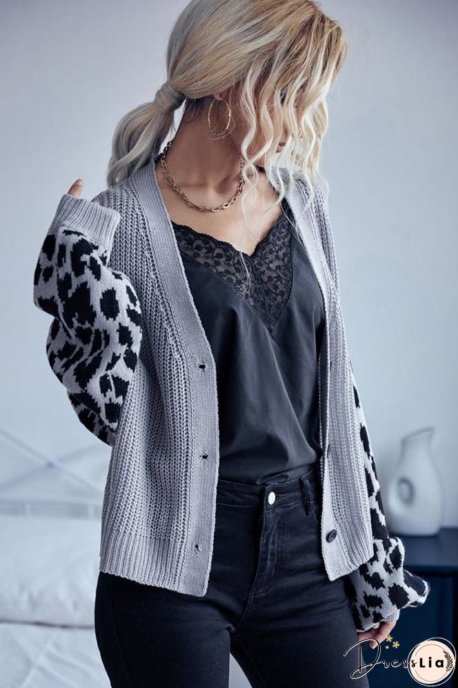 Leopard Sleeve Splicing Open Front V Neck Button Cardigan