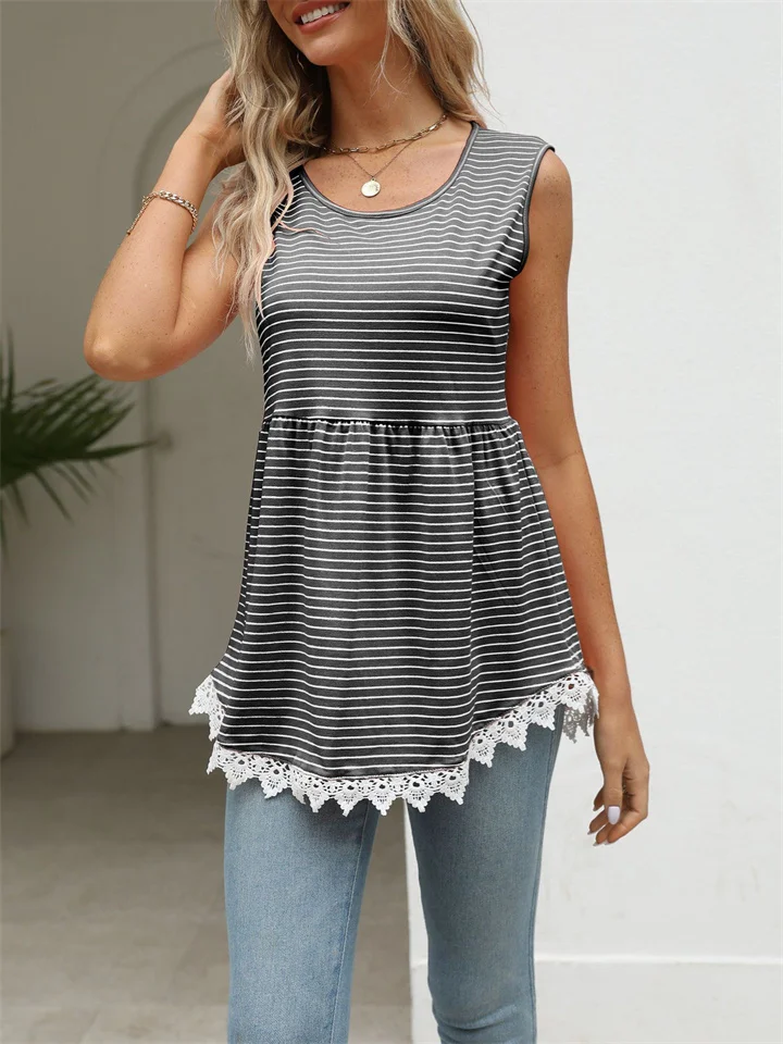 Summer New Slim Type Striped Lace Splicing Strapless Sleeveless Stretchy Pullover Undershirt Tops Comfortable Casual Women