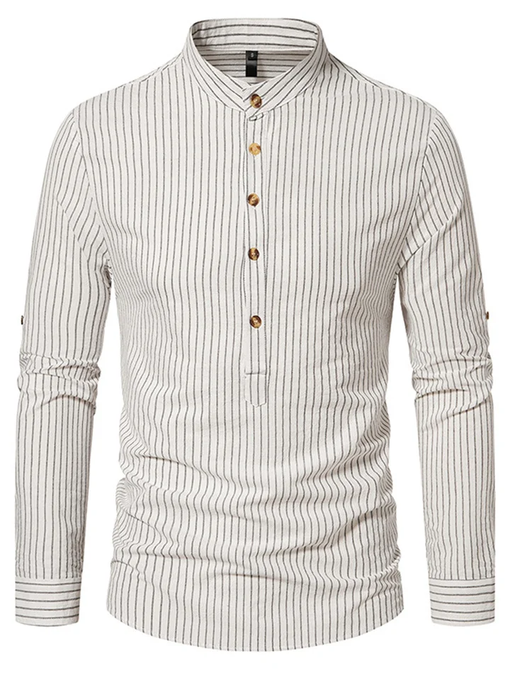 New Men's Henry Collar Stand-up Collar Long-sleeved Striped Shirt Fashion Loose Comfortable Casual Shirt