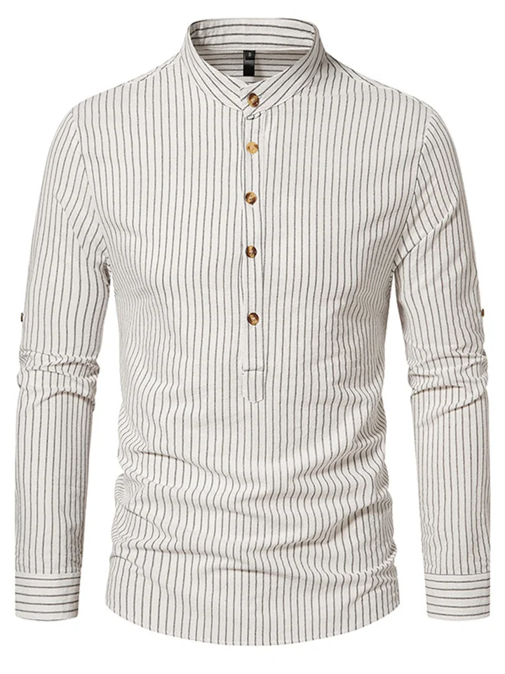 New Men's Henry Collar Stand-up Collar Long-sleeved Striped Shirt Fashion Loose Comfortable Casual Shirt-Cosfine