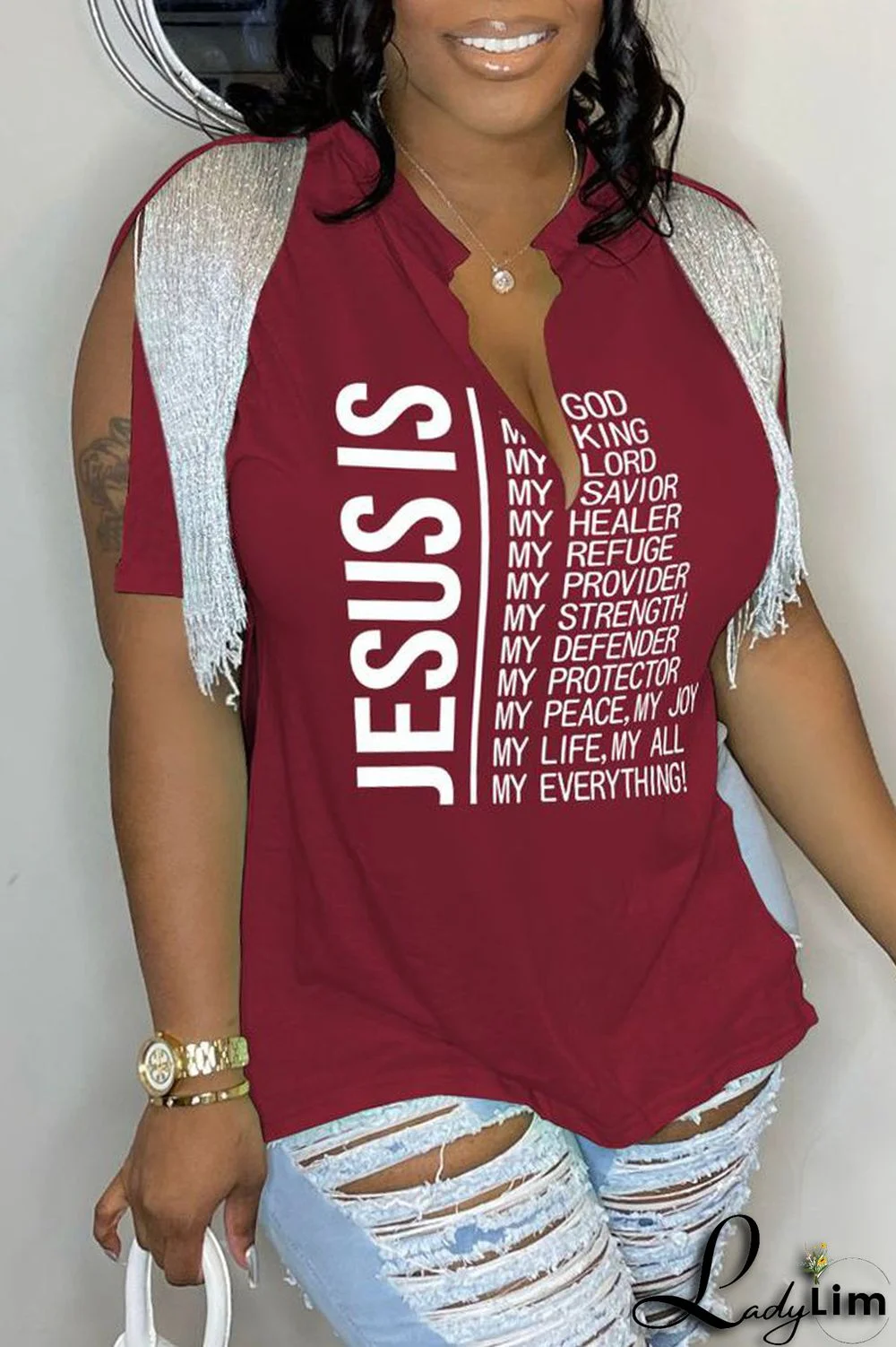 Burgundy Casual Letter Print Tassel Patchwork V Neck T-Shirts