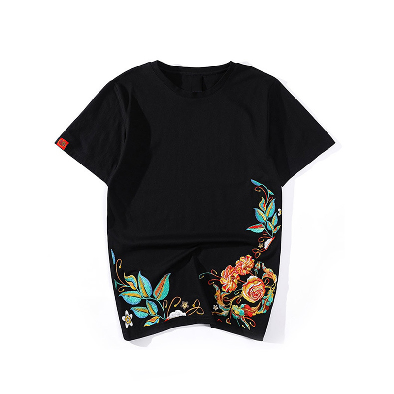 Embroidered Flower Crew Neck Cotton T-shirt