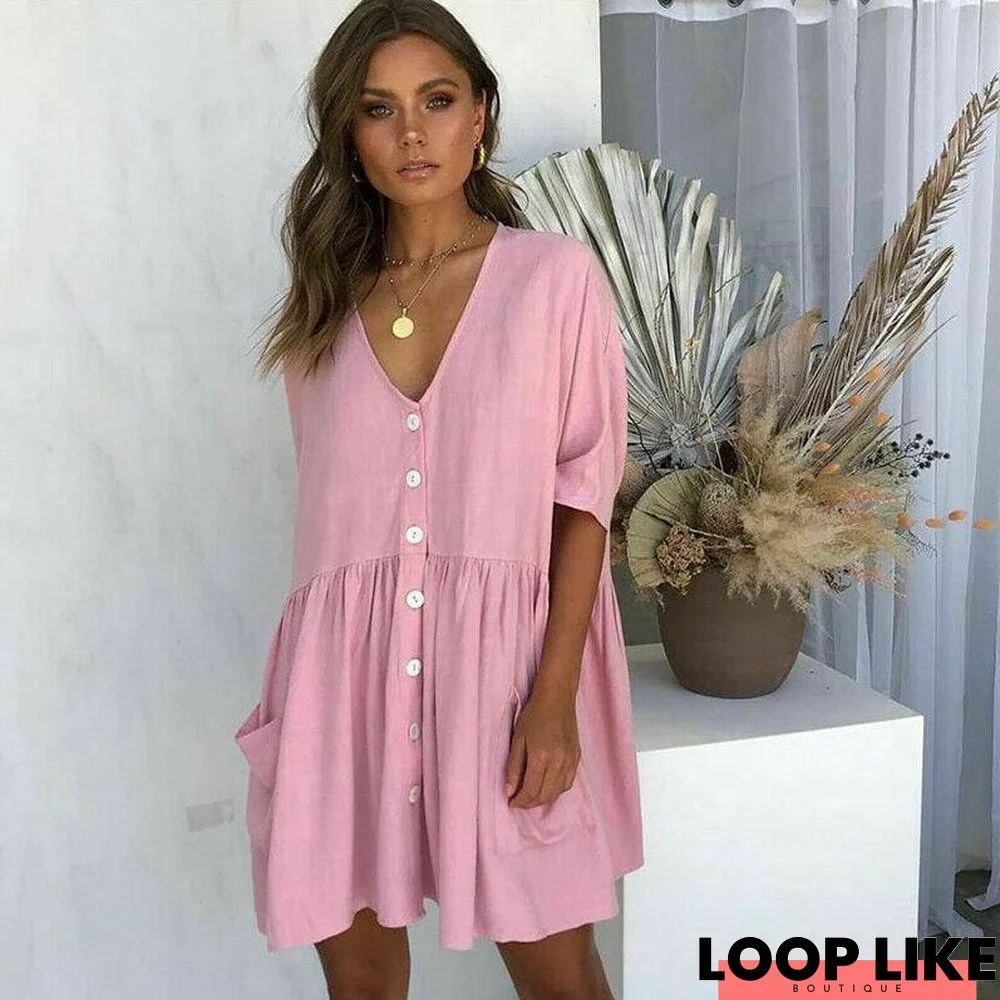 Women Ladies Holiday Short Sleeve Loose Button Pocket Dresses Summer Beach Mini Swing Sun Dress Tops