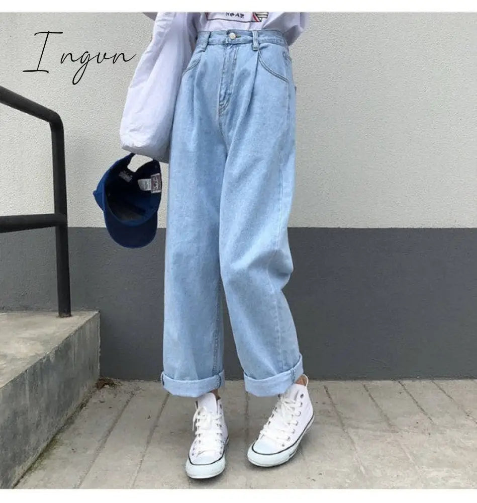 Ingvn - Jeans Women Solid Vintage High Waist Wide Leg Denim Trousers Simple Students All - Match