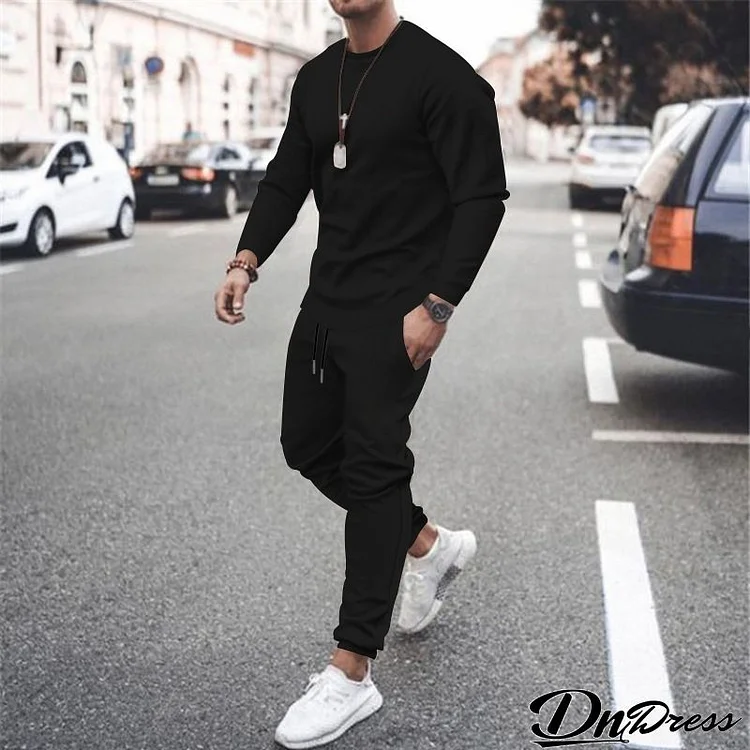 Men Casual Solid Long Sleeve Round Neck T-Shirt And Drawstring Waist Jogger Pants Two-Piece Set