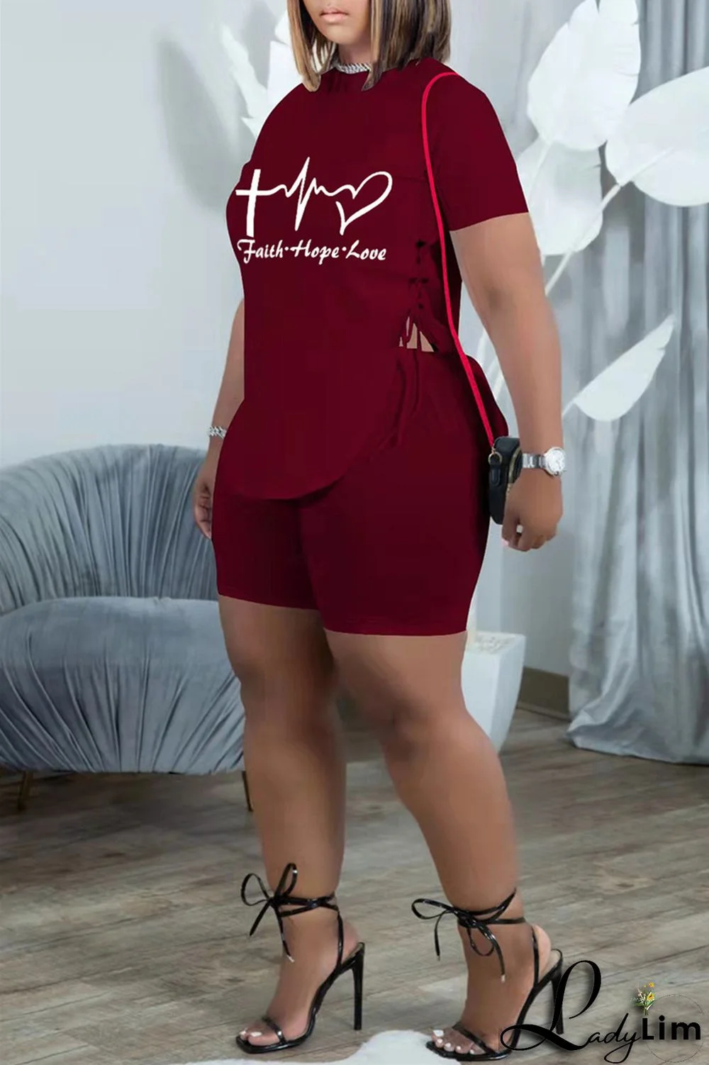 Khaki Fashion Casual Print Bandage Slit O Neck Short Sleeve Two Pieces