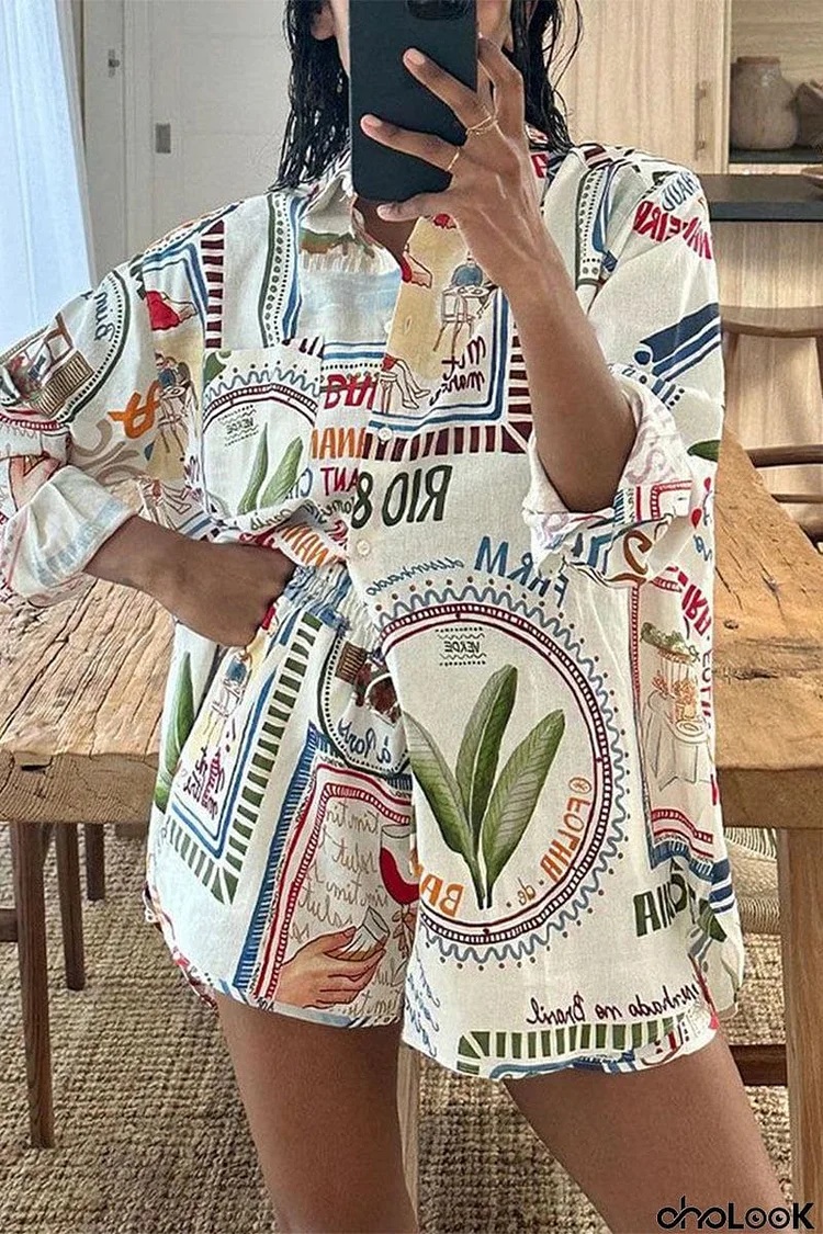 Casual Print Patchwork Turndown Collar Long Sleeve Two Pieces