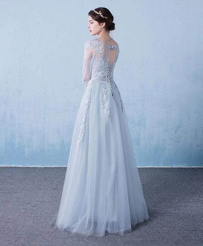 Gray Round Neck Tulle Lace Long Prom Dress, Gray Bridesmaid Dress