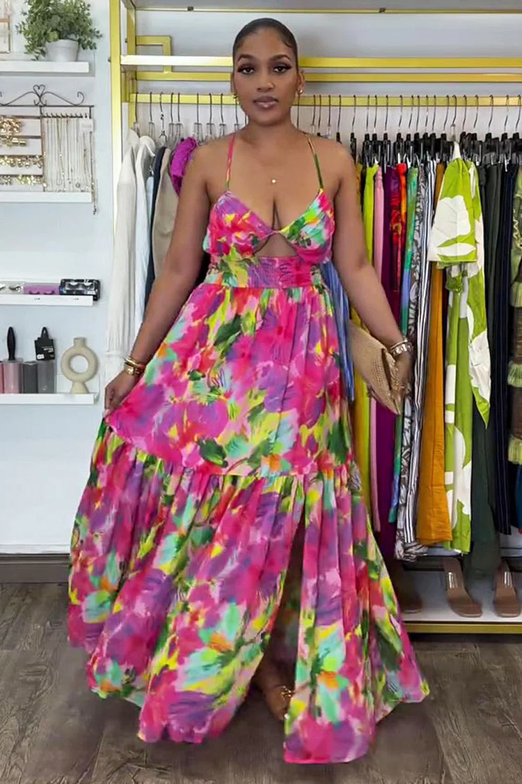 Floral Print Keyhole Neck Cross Cami Vacay Maxi Dresses-Fuchsia [Pre Order]