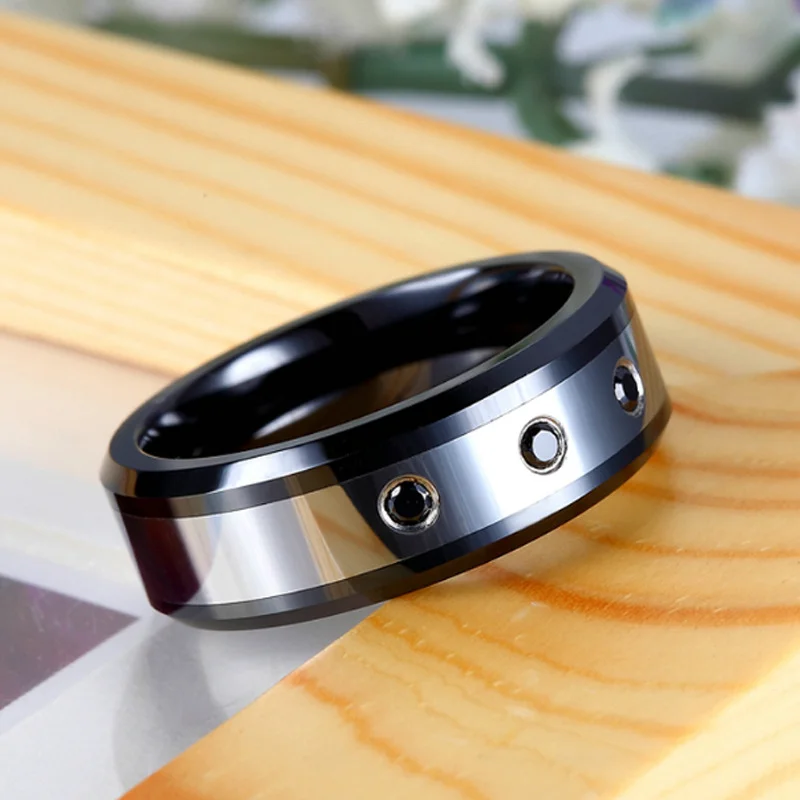 8MM Women's Or Men's Silver Tungsten Carbide Rings Black Polished Beveled Edge Zircon Inlay