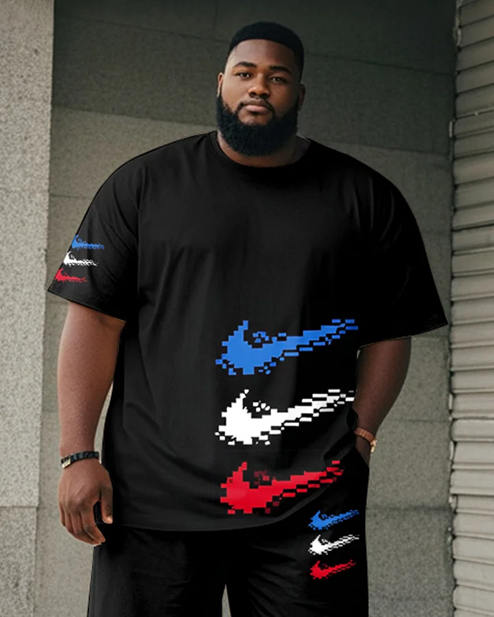 Big & Tall Men's Black Colorblock Pixel Tick Printed Crewneck Short Sleeve T-Shirt Shorts Suit