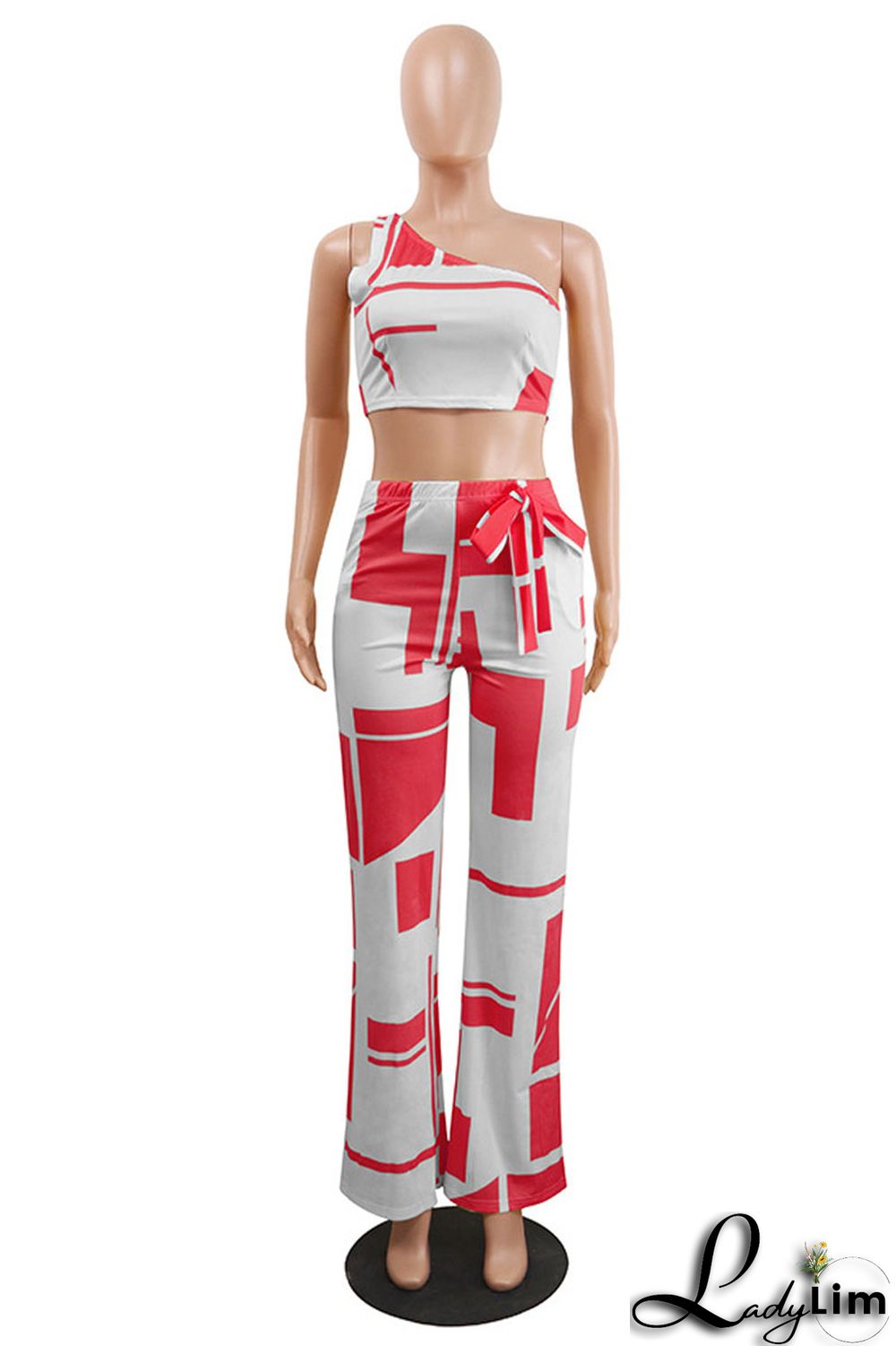 Black Sexy Casual Print Vests Pants One Shoulder Sleeveless Two Pieces