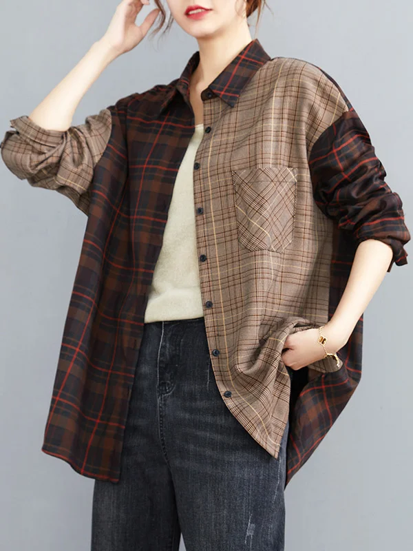 Artistic Retro Ramie Cotton Split-Joint Buttoned Plaid Lapel Collar Long Sleeves Blouse