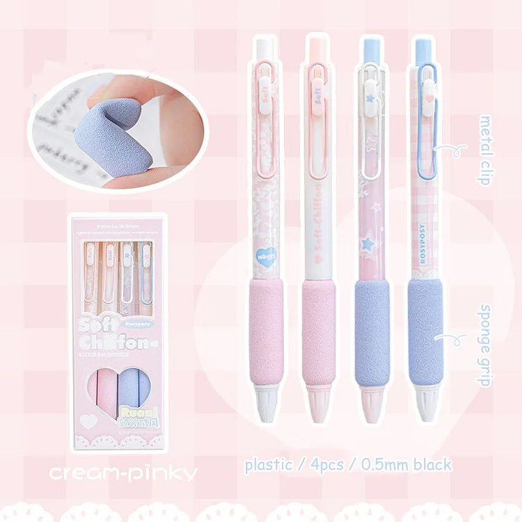 Journalsay 4 Pcs/set Soft Chiffon Series Kawaii Sponge Grip Gel Pen Set 0.5mm Black Quick Dry Press Gel Pen