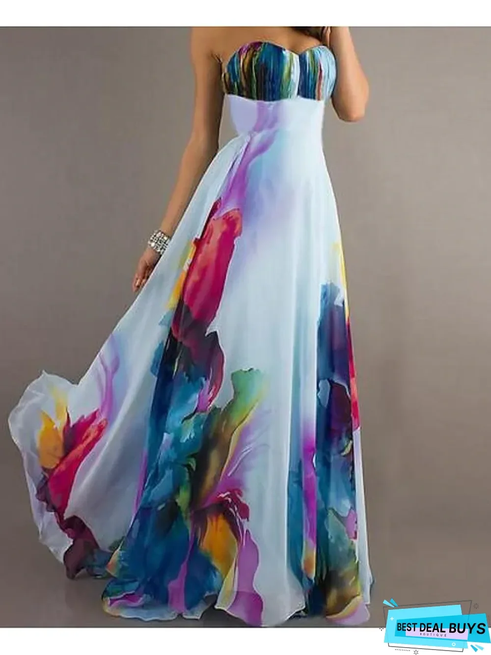 Women's Maxi White Dress Sexy Summer Vacation Beach Chiffon Swing Floral Strapless Print High Waist