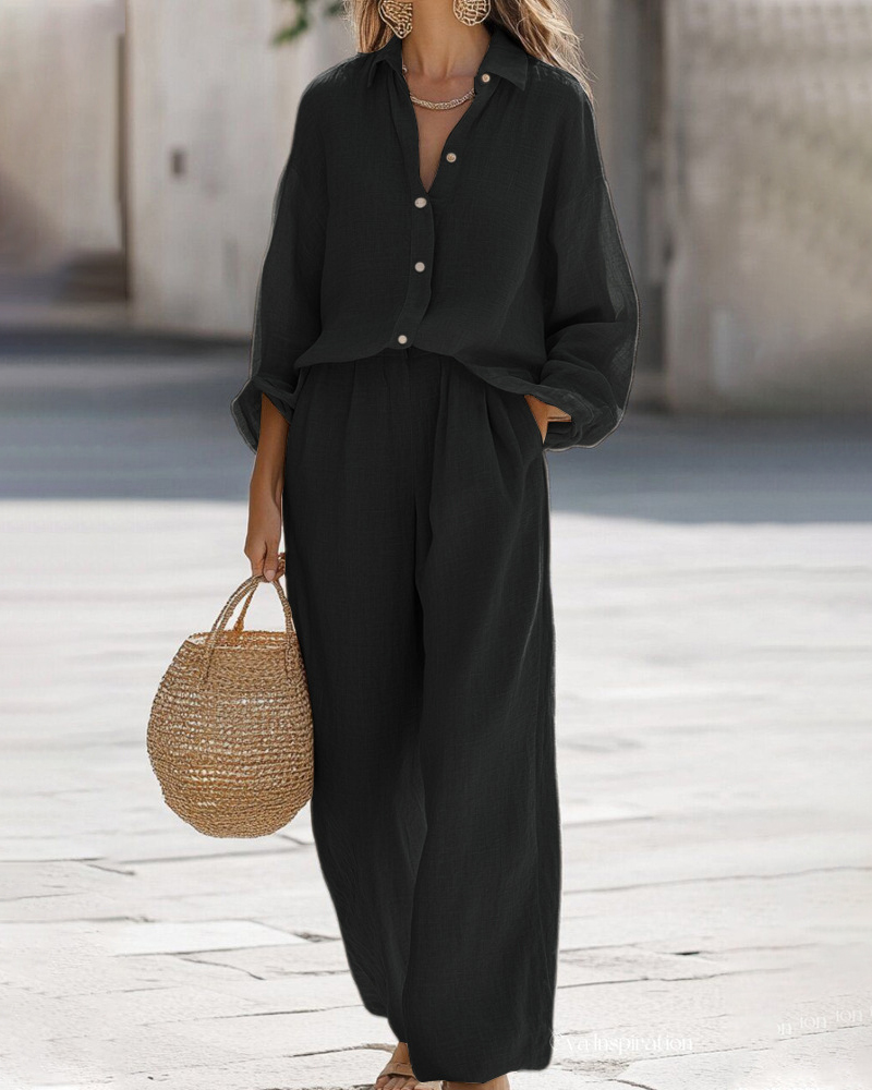 Oversized Single Breasted Long Sleeve Shirt & Wide Leg Pants Set
