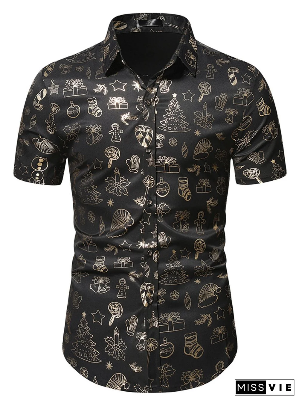 Casual Solid Colorblocking Fashion Printing Slim Shirt Men's Lapel Single-breasted Short-sleeved Christmas Shirt Cardigan