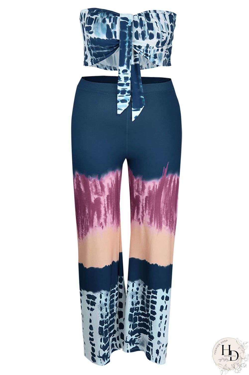 Pink Sexy Print Patchwork Strapless Plus Size Two Pieces