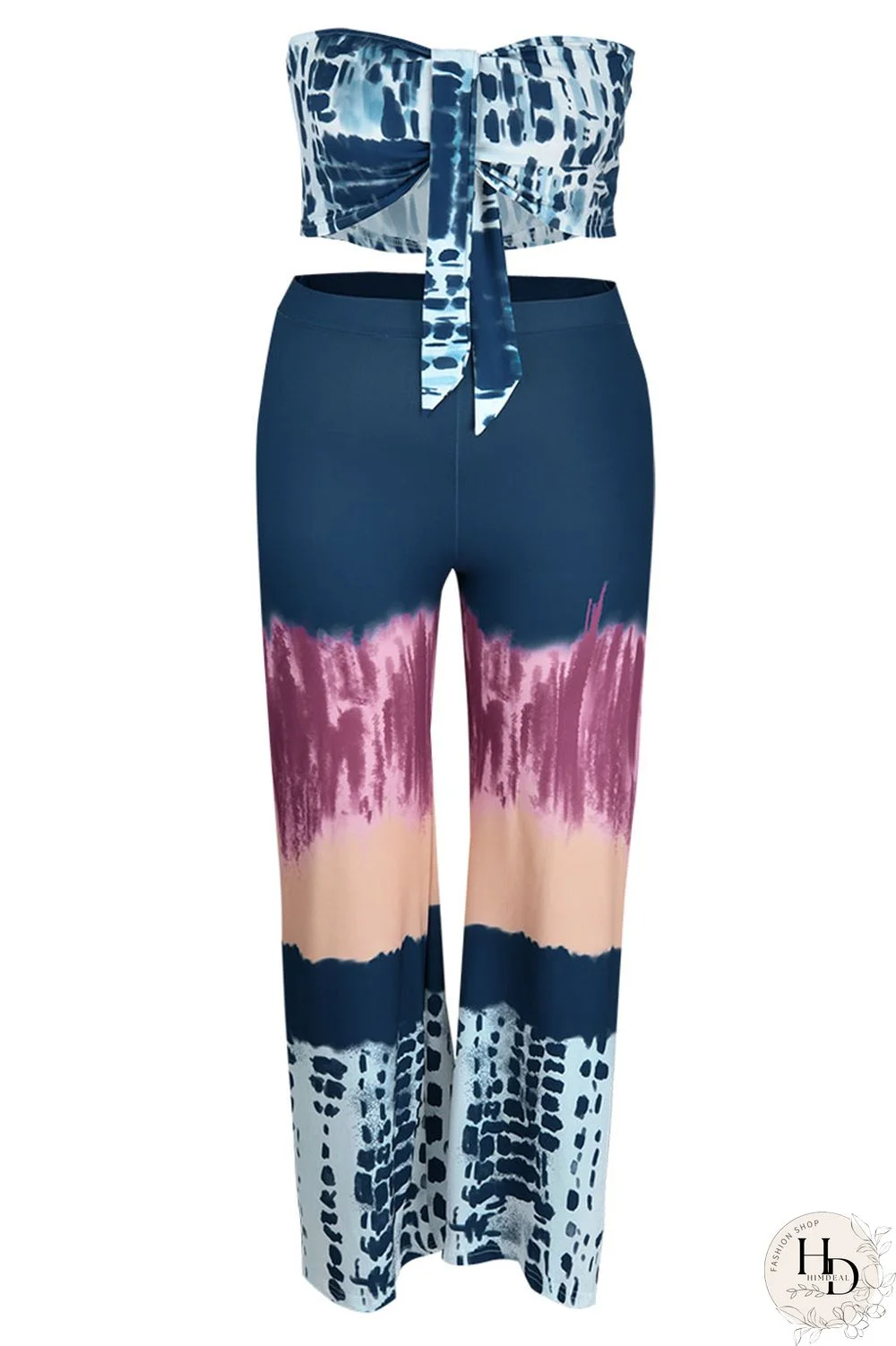 Pink Sexy Print Patchwork Strapless Plus Size Two Pieces