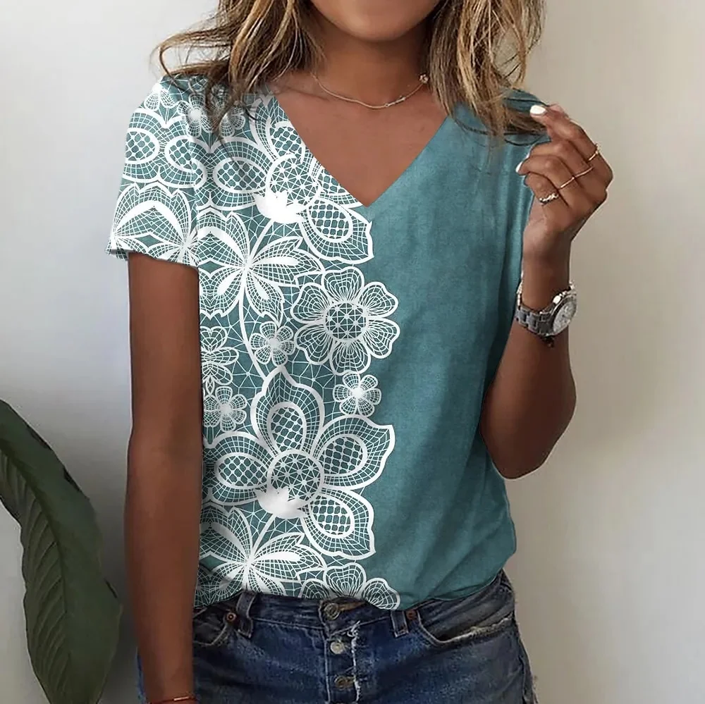 Summer New Women T Shirt 3d Flower Print V-neck Short Sleeve Blouse Fashion Plus Size T-shirts For Women Clothing Y2k Female Tee