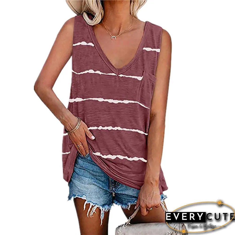 Wine Red Stripes V Neck Loose Pocketed Tank