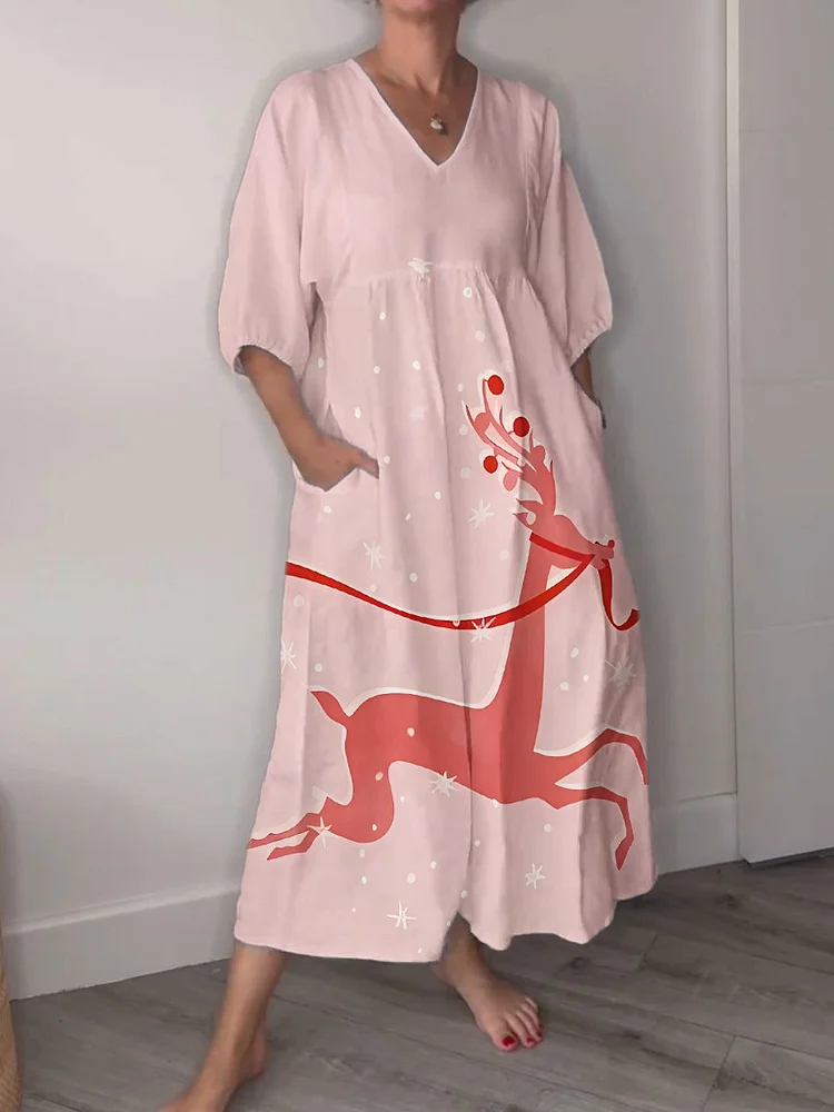Women's Pink Christmas Elk Print Pocket V-neck Cotton Dress