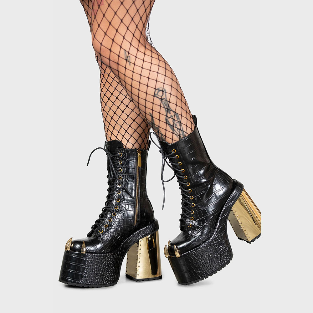 Black and Gold Croc Embossed Side Zipper Studded Platform Ankle Boots Nicepairs