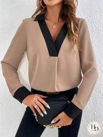 Contrast Trim V-Neck Long Sleeve Blouse
