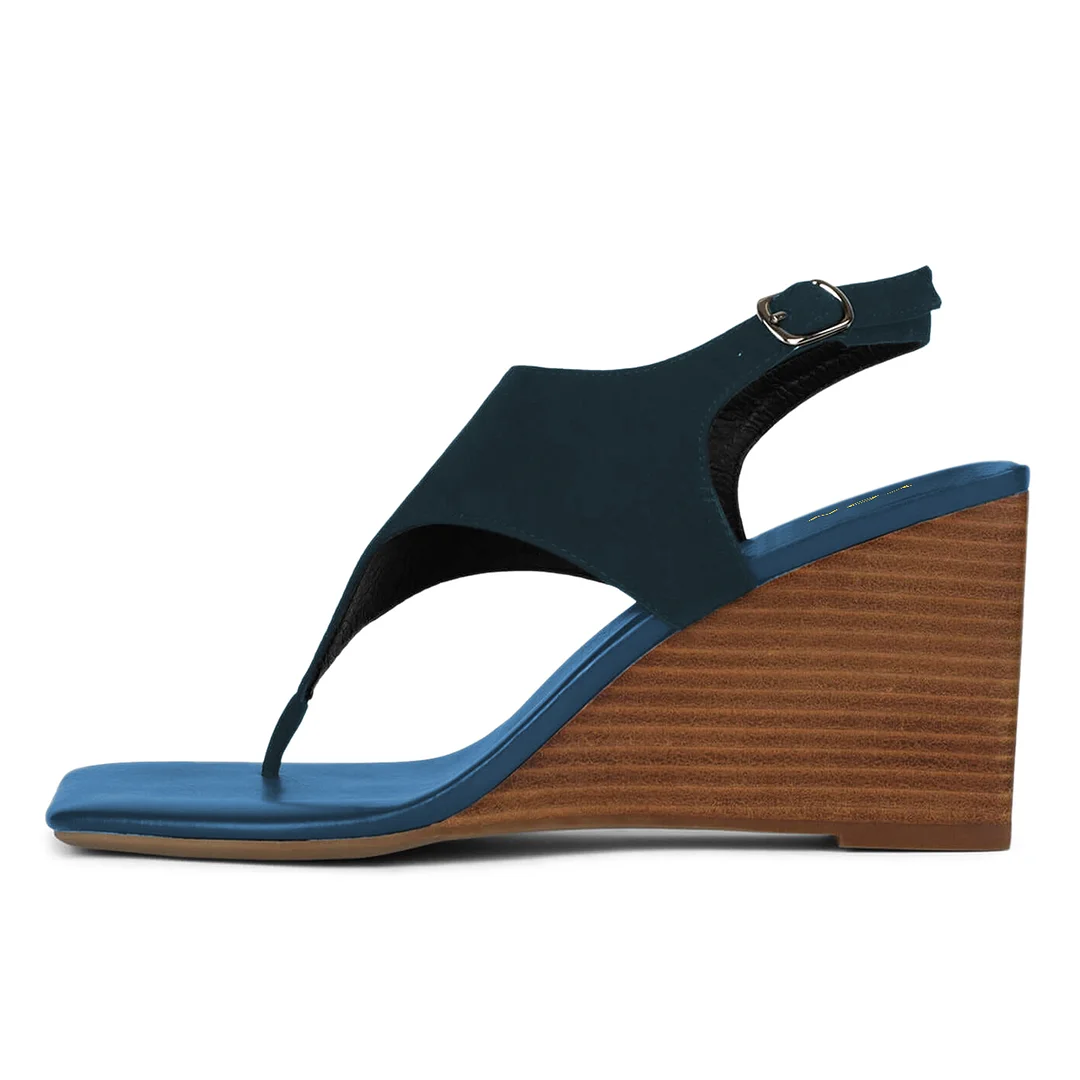 Shiny Vegan Leather Square Toe Buckle Fastening Strap Sandals in Blue