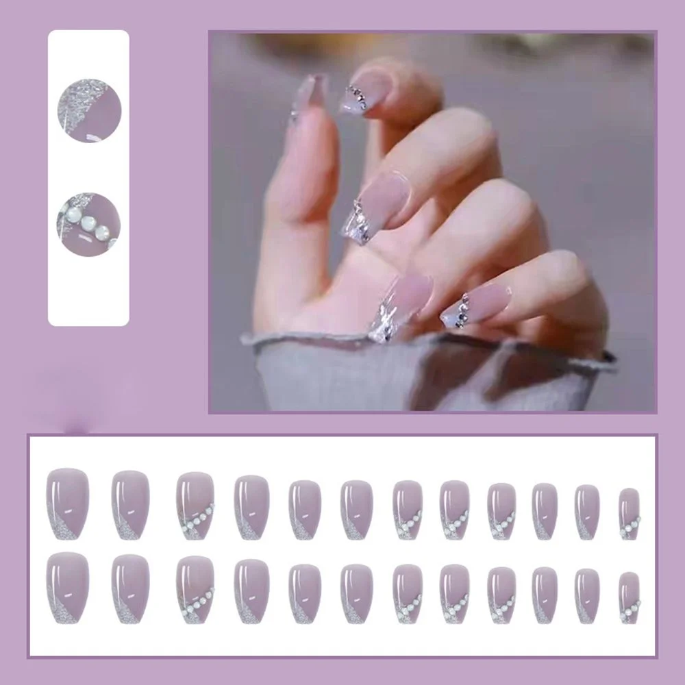24Pcs Detachable Butterfly Purple False Nails Ballerina Wearable Coffin Full Cover Fake Nail Tips Press On Nails Manicure Tool