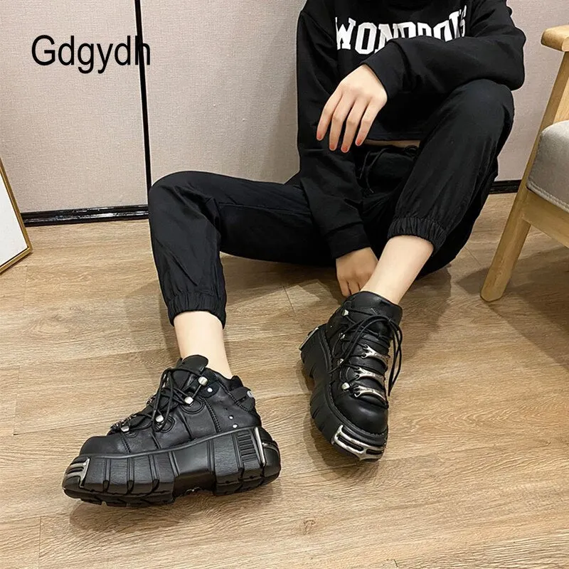 Gdgydh Punk Style Women Platform Sneakers Fashion Lace Up Platform Shoes Woman Creeper Female Casual Flats Metal Decoration