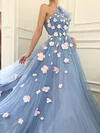 Powder Blue One Shoulder Prom Dress Pink 3D Flower Embellished Tulle A Line Ball Gown Long Evening Robe Bridesmaids Dresses Sweetheart Neck