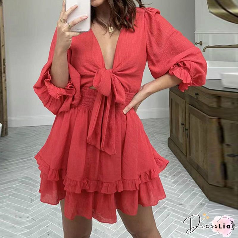 Deep V-Neck Backless Ruffled Mini Dress