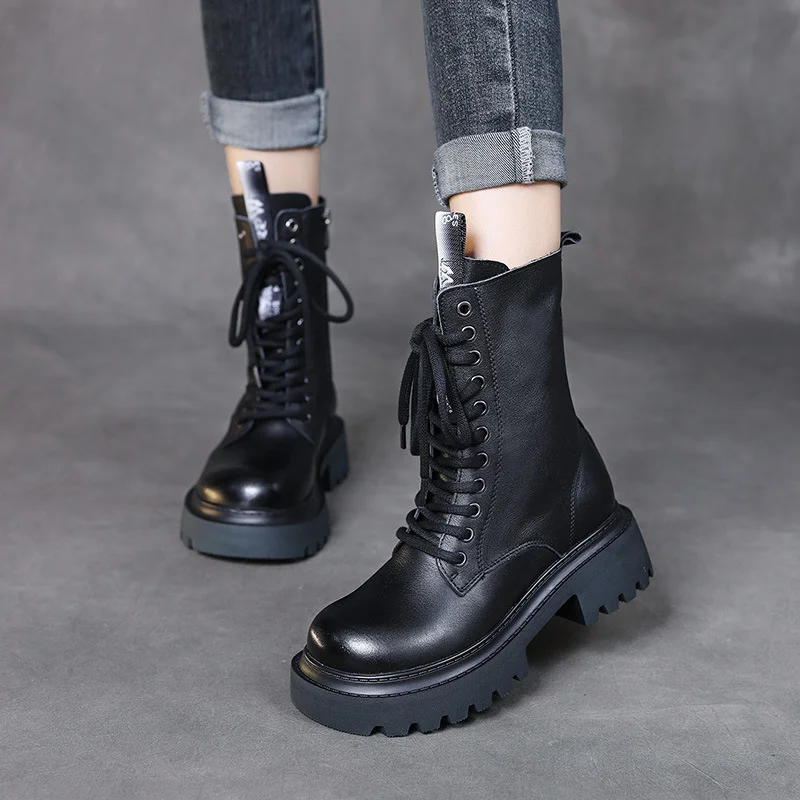 Yyvonne Leather Martin Boots High-Rise Kraft Mid-Sleeve Long Boots Autumn And Winter New Two Cotton Waterproof Table With Knight Boots