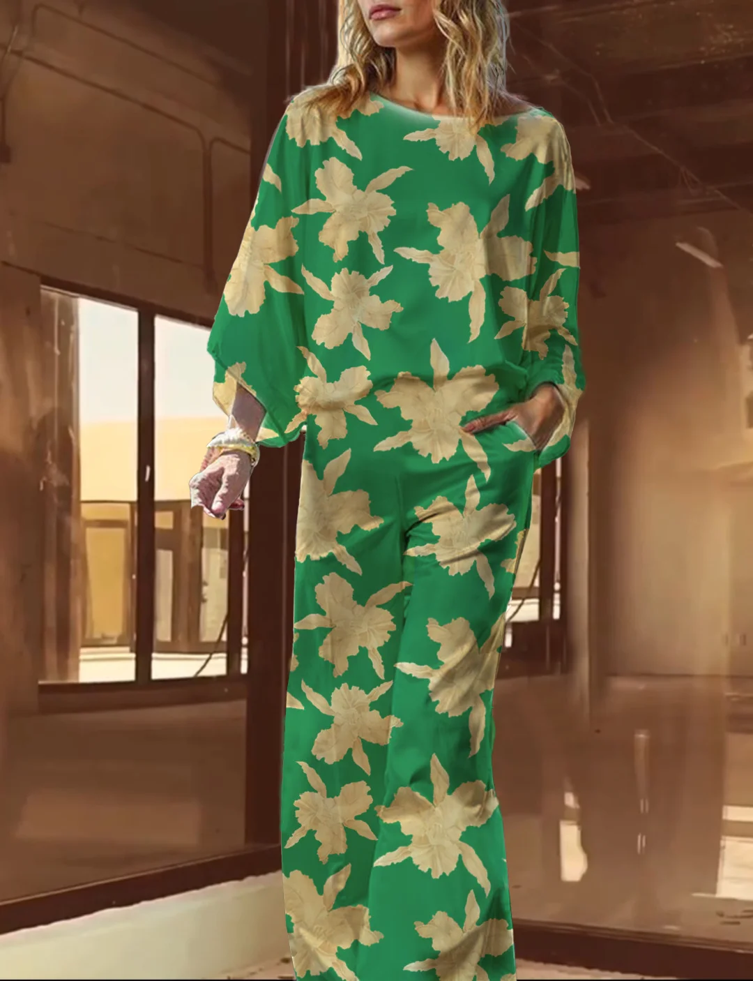 Silk loose floral print Backless shirt & pants two pieces  0214