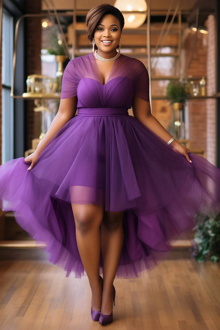 Xpluswear Design Plus Size Cocktail Party Purple Elegant V Neck Short Sleeve High Low Hem See Through Tulle Mini Dresses [Pre-Order] 2024 - Xpluswear
