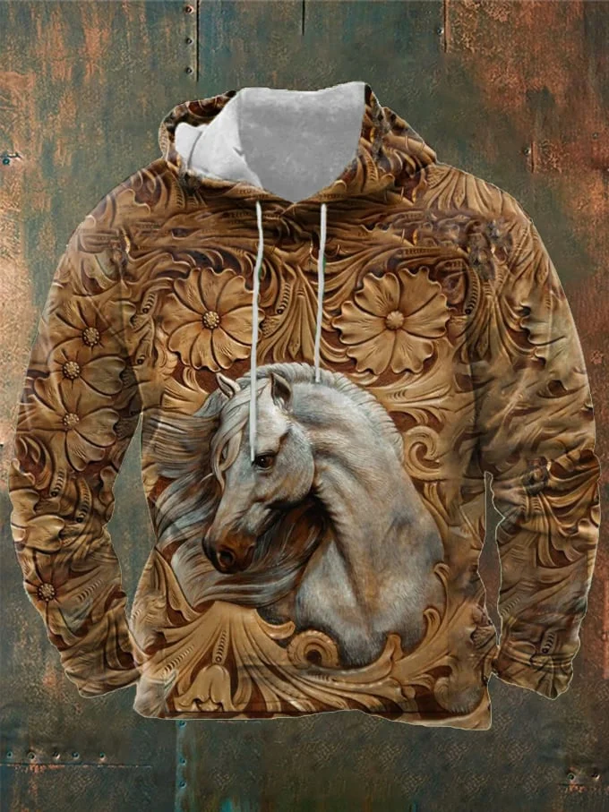 Men's Carving Laser Burn 3D Western Horse Print Hooded Sweatshirt