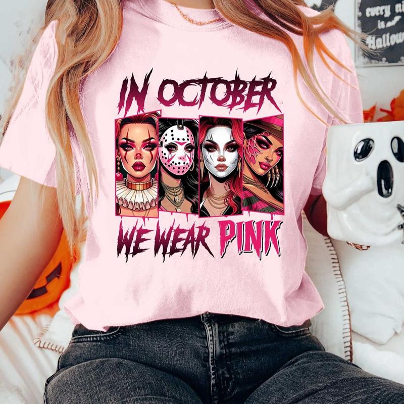 Loveyoufancy In October We Wear Pink Shirt, Halloween Movie Shirt, Pink Halloween Characters