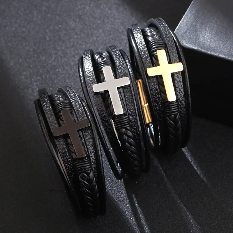 Vintage Cross Braided Leather Bracelet0